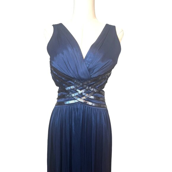 BCBG Navy Blue Small Sleeveless Sequined Formal Gown Dress With V-Neckline - Picture 10 of 16